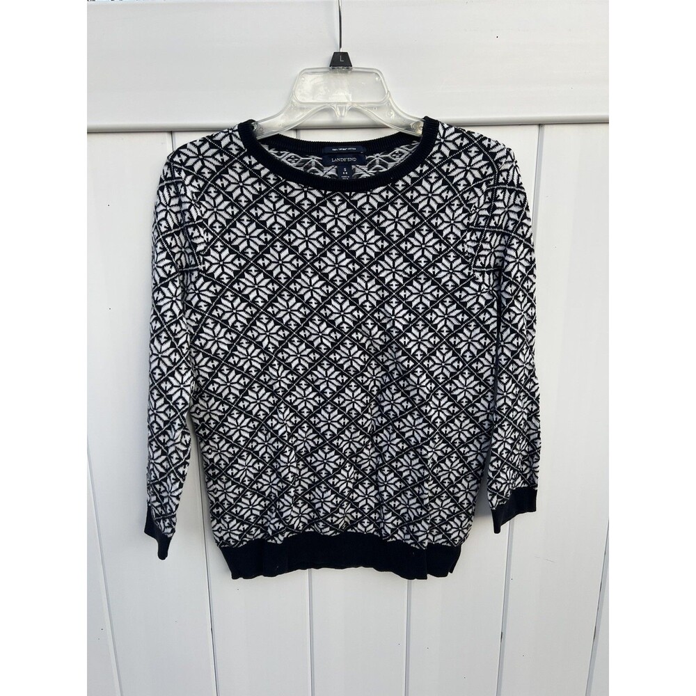 Lands' End Womens Crew Neck Sweater Supima Cotton Snowflake Black & White Sz S